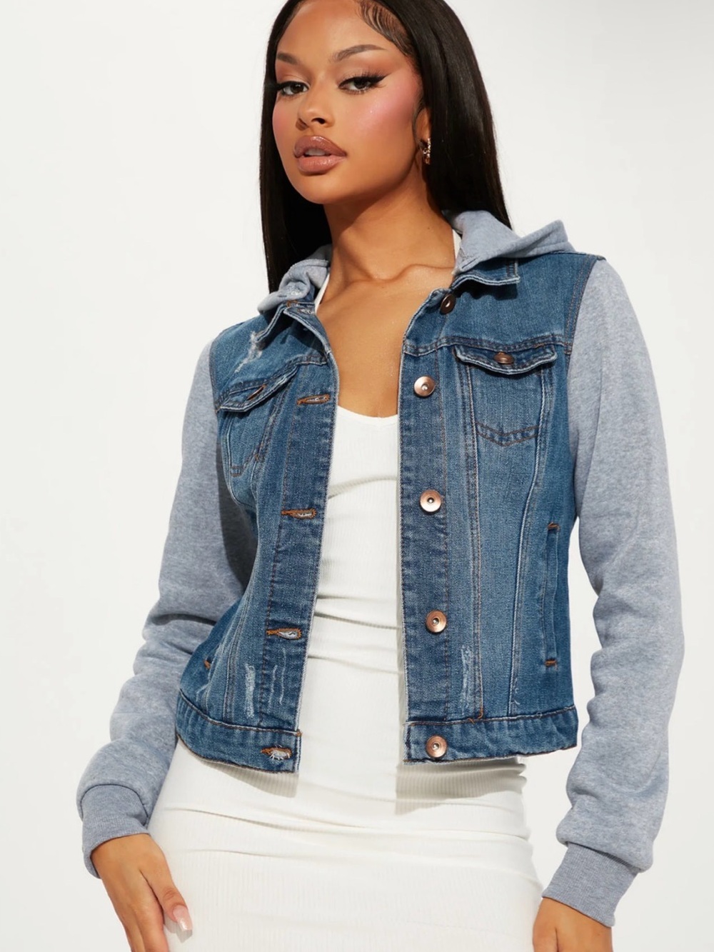 Fashion Nova Blue Denim Jacket with Gray Knit Sleeves & Hood